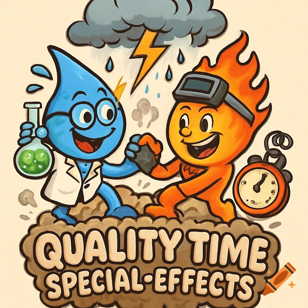 Cartoon illustration of water scientist and fire welder characters wrestling under storm clouds with text below.