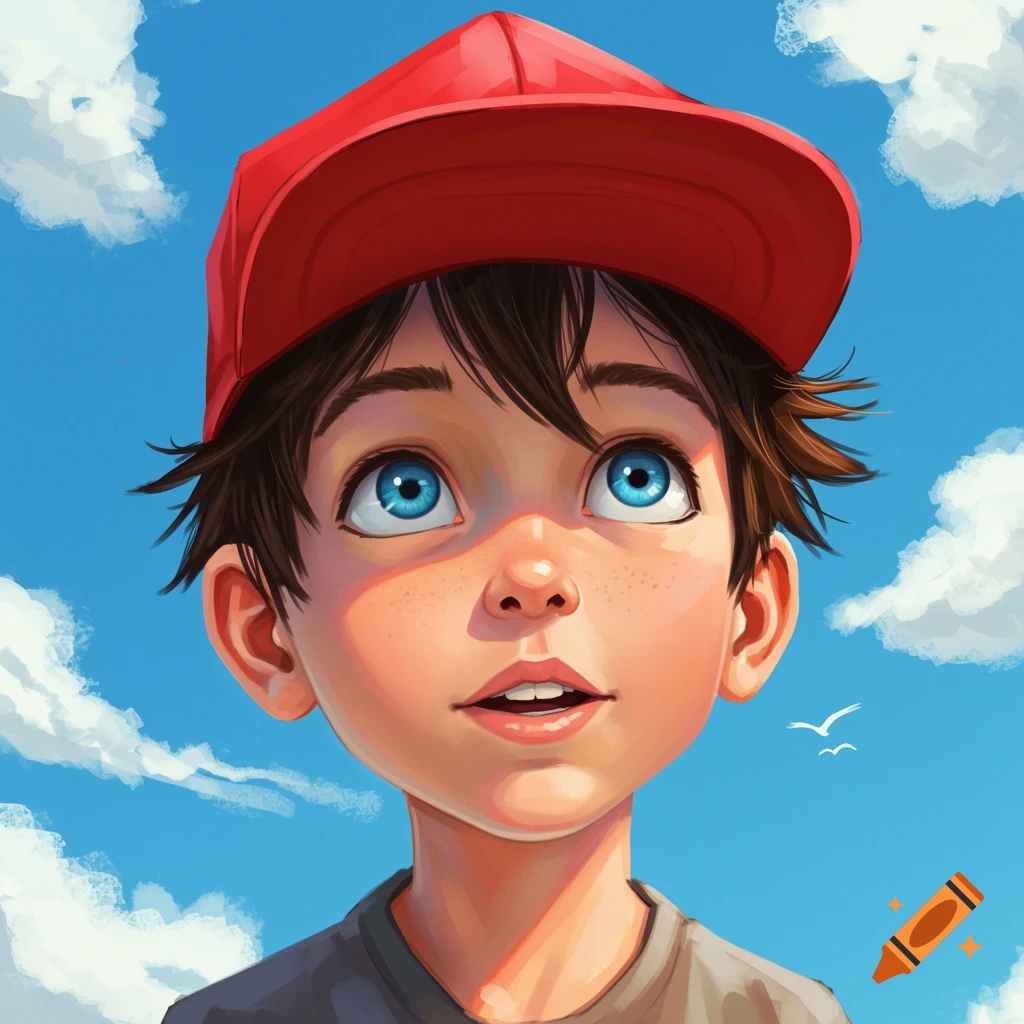 A young boy in a red cap looks up at a blue sky with clouds.