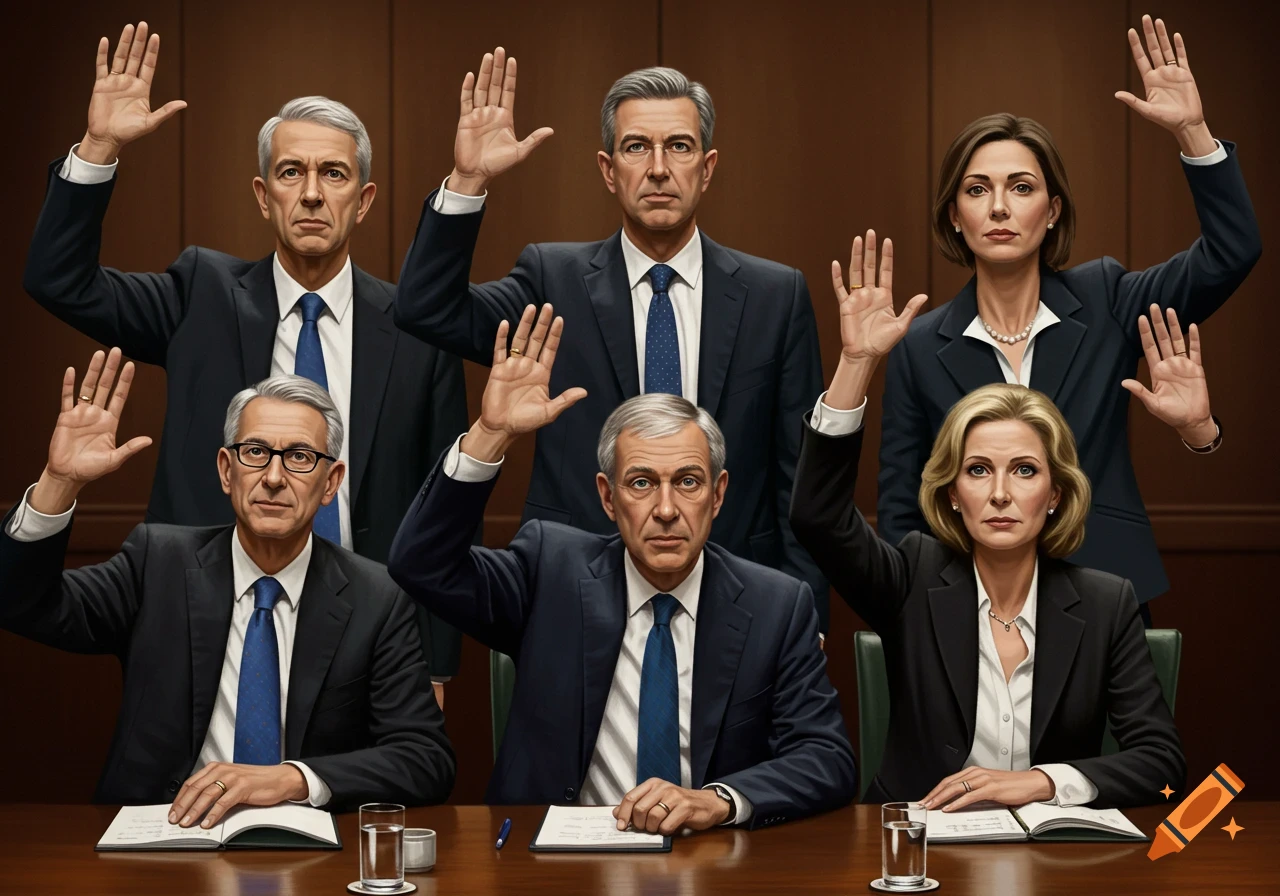 People in suits raising hands at a table
