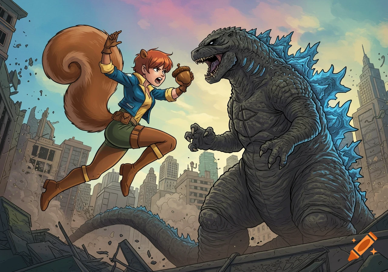 Squirrel Girl confronts Godzilla in a destroyed city, comic art style.