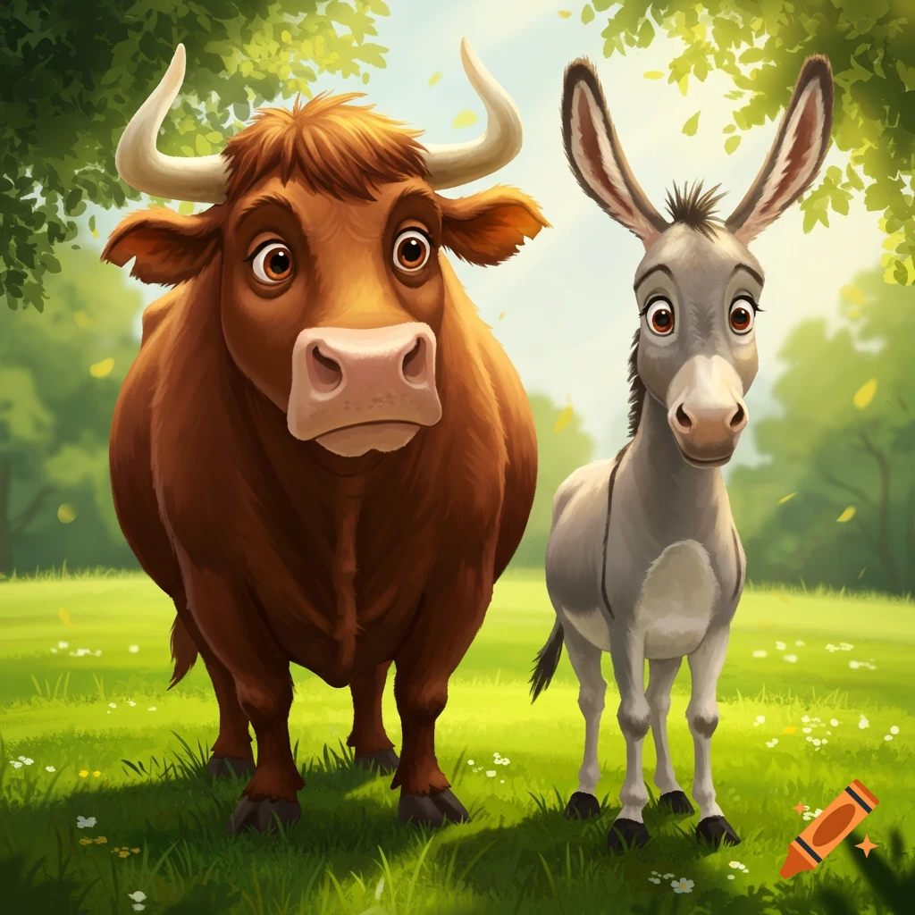 A cartoon bull and donkey stand in a sunny field.