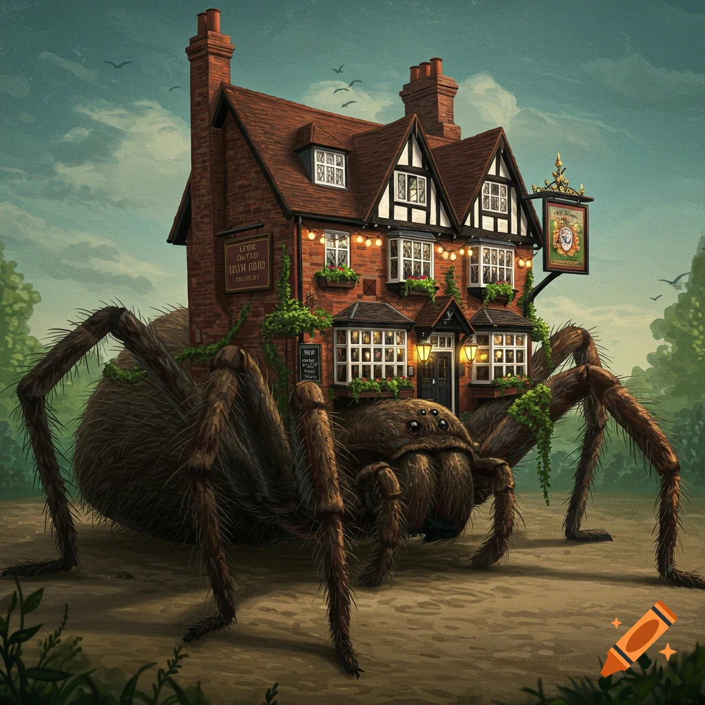 A giant huntsman spider carries an English pub on its back