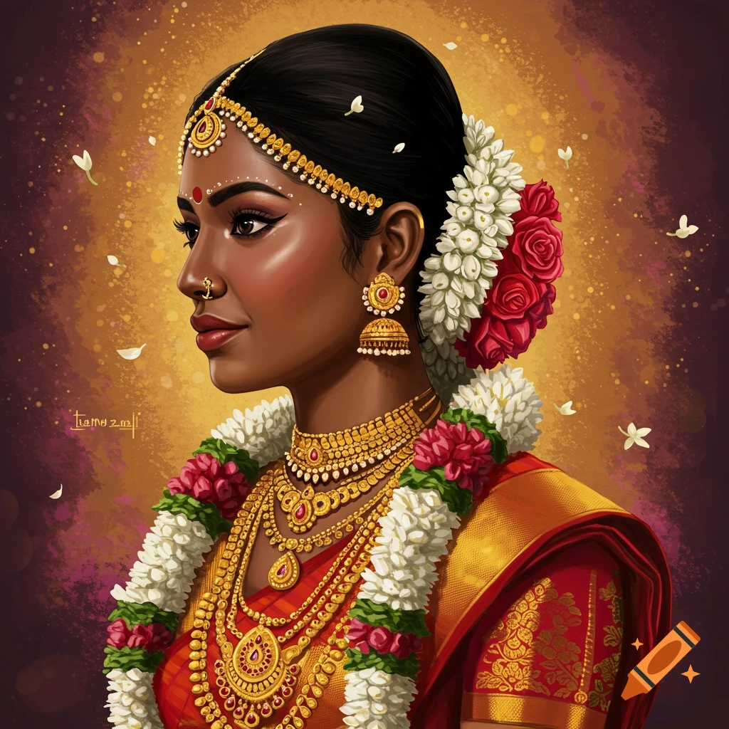 A woman in traditional Indian bridal attire and jewelry