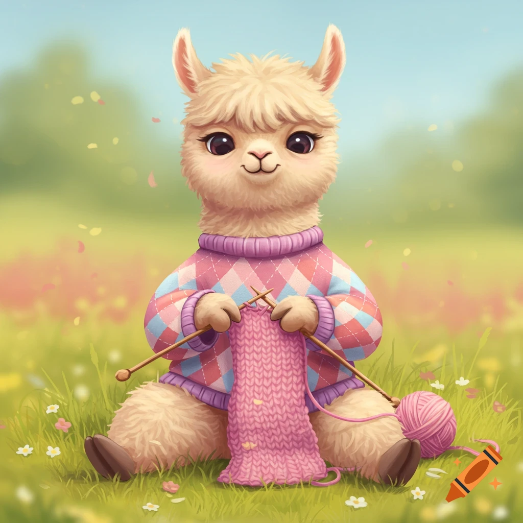 A cute cartoon alpaca wearing an argyle sweater sits in a field knitting a pink scarf. Digital art.