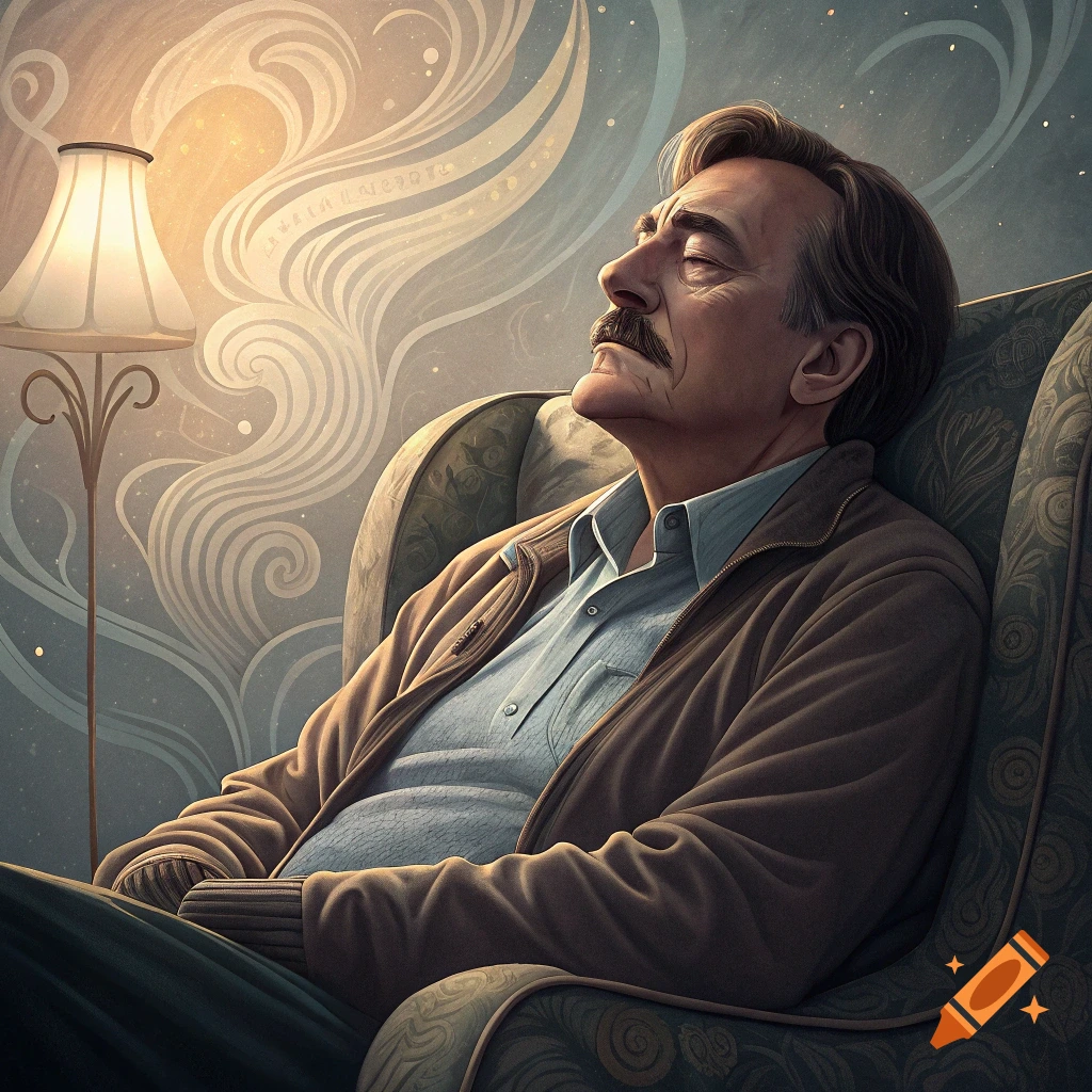 An older man sleeps or dreams in an armchair with a lamp beside him and a swirling, stylized background.