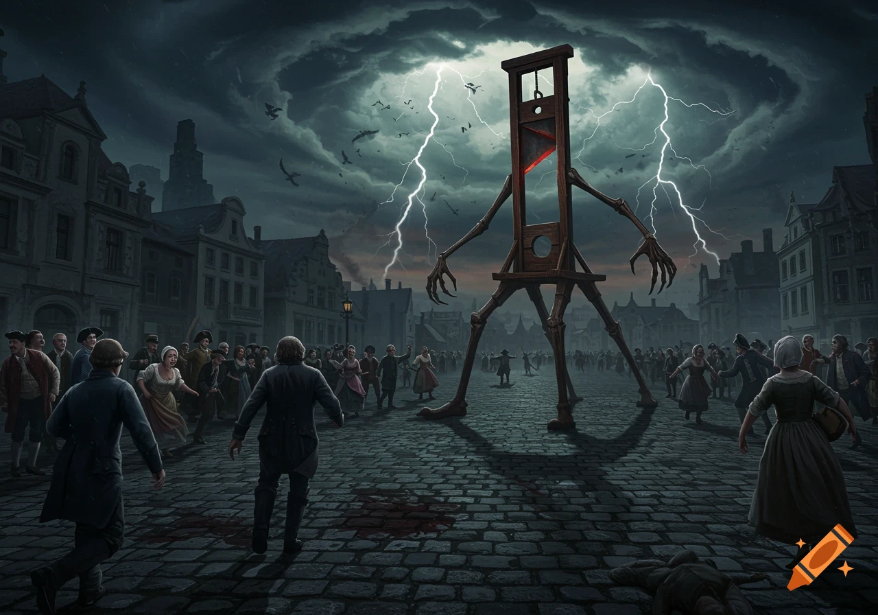 A surreal scene of a giant walking guillotine looming over a terrified crowd in a dark city street with lightning.
