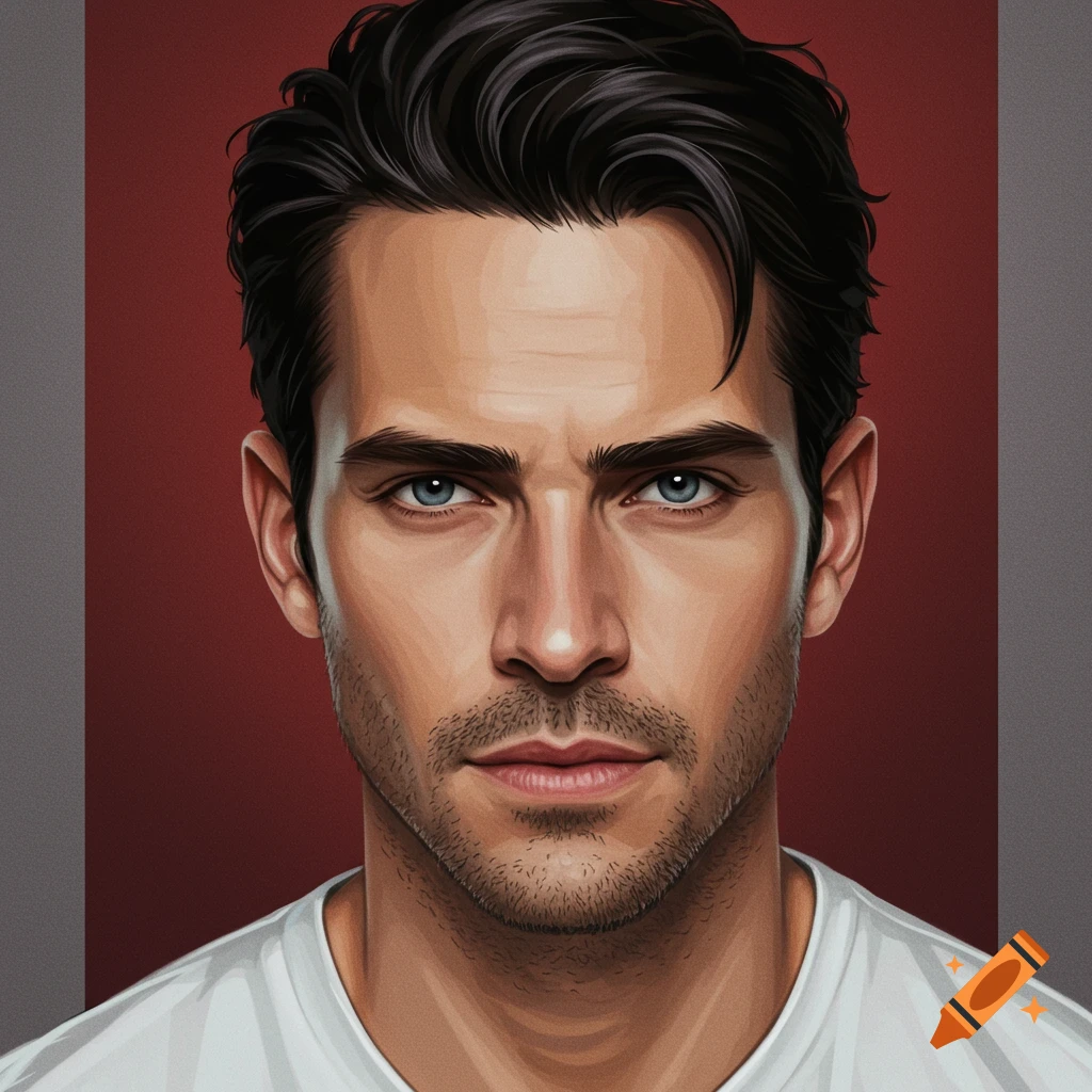 A portrait of a man with dark hair and blue eyes against a red background.