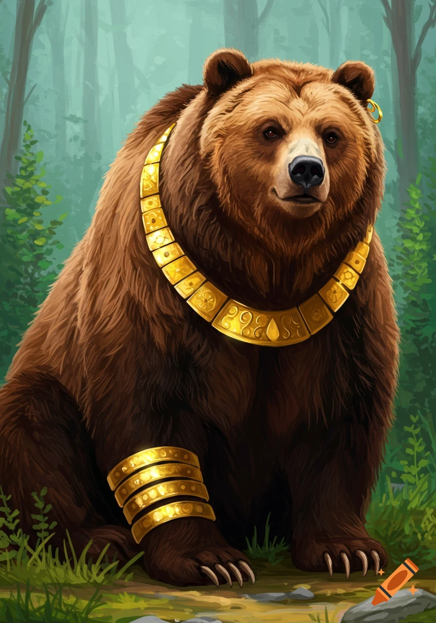 A bear wearing gold jewelry in a forest.