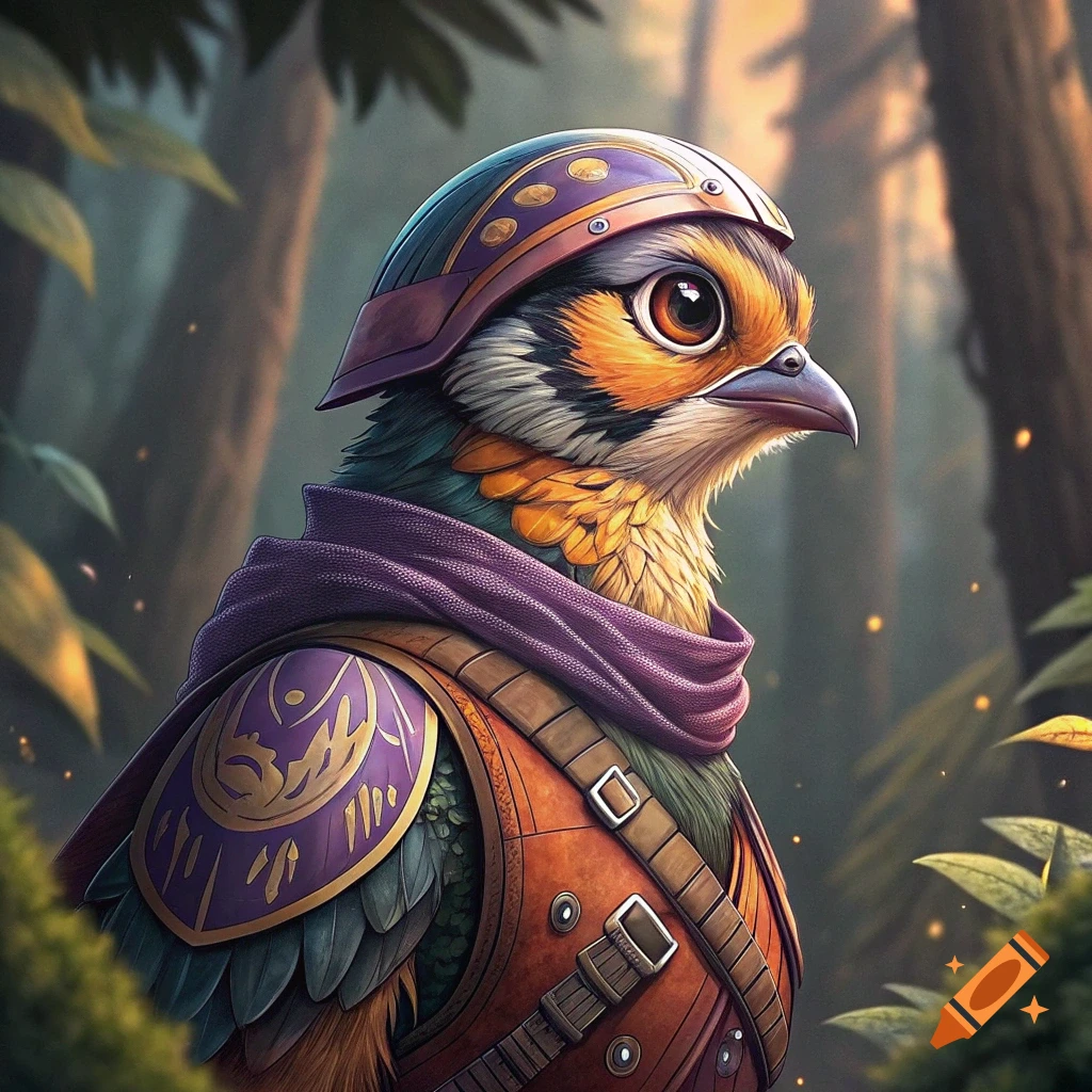 Fantasy bird wearing armor and helmet in a forest