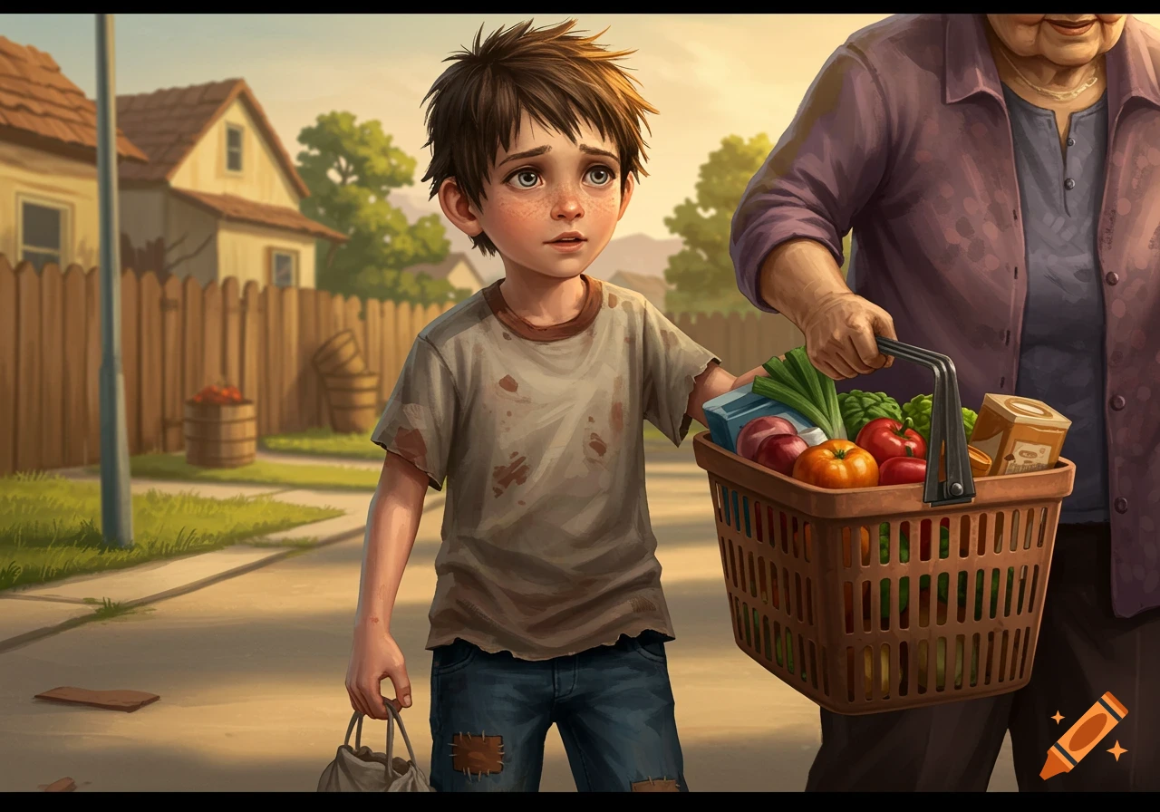 A boy is helping an elderly woman carry a basket of groceries through a neighborhood.