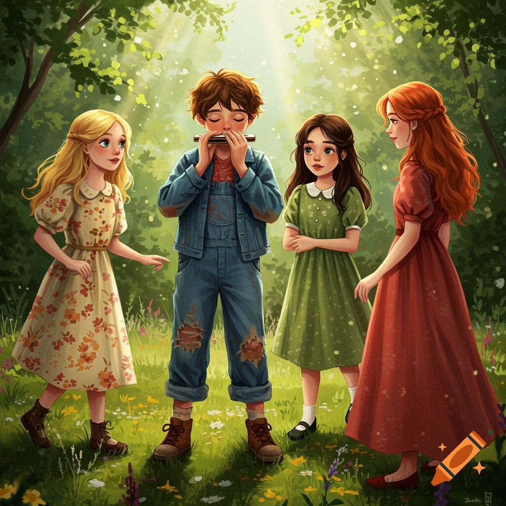A boy plays a harmonica for three girls in a sun-dappled forest, whimsical fairytale style.