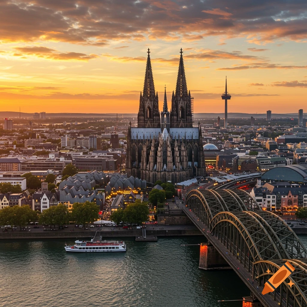 Aerial view of Cologne Cathedral and bridge over a river at sunset