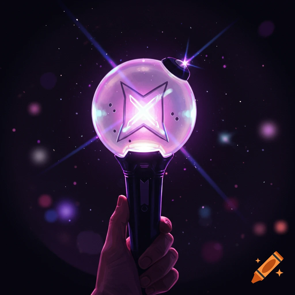 A hand holds a glowing purple Kpop lightstick with an X symbol on a dark, starry background.