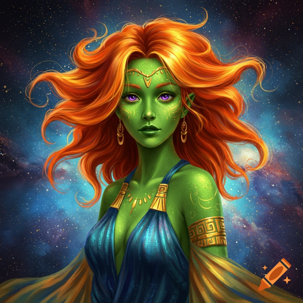 A green-skinned woman with orange hair and purple eyes is shown against a starry background.