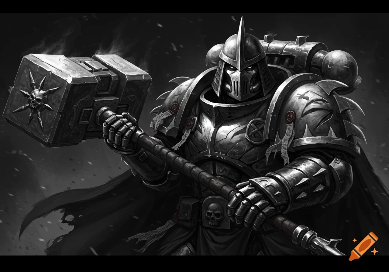 Black and white illustration of a menacing armored character holding a large warhammer.