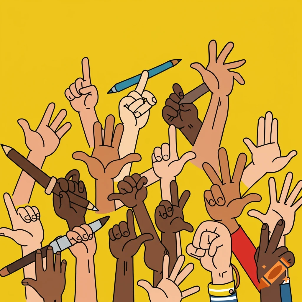 Cartoon illustration of diverse hands holding pencils and pens on a yellow background.