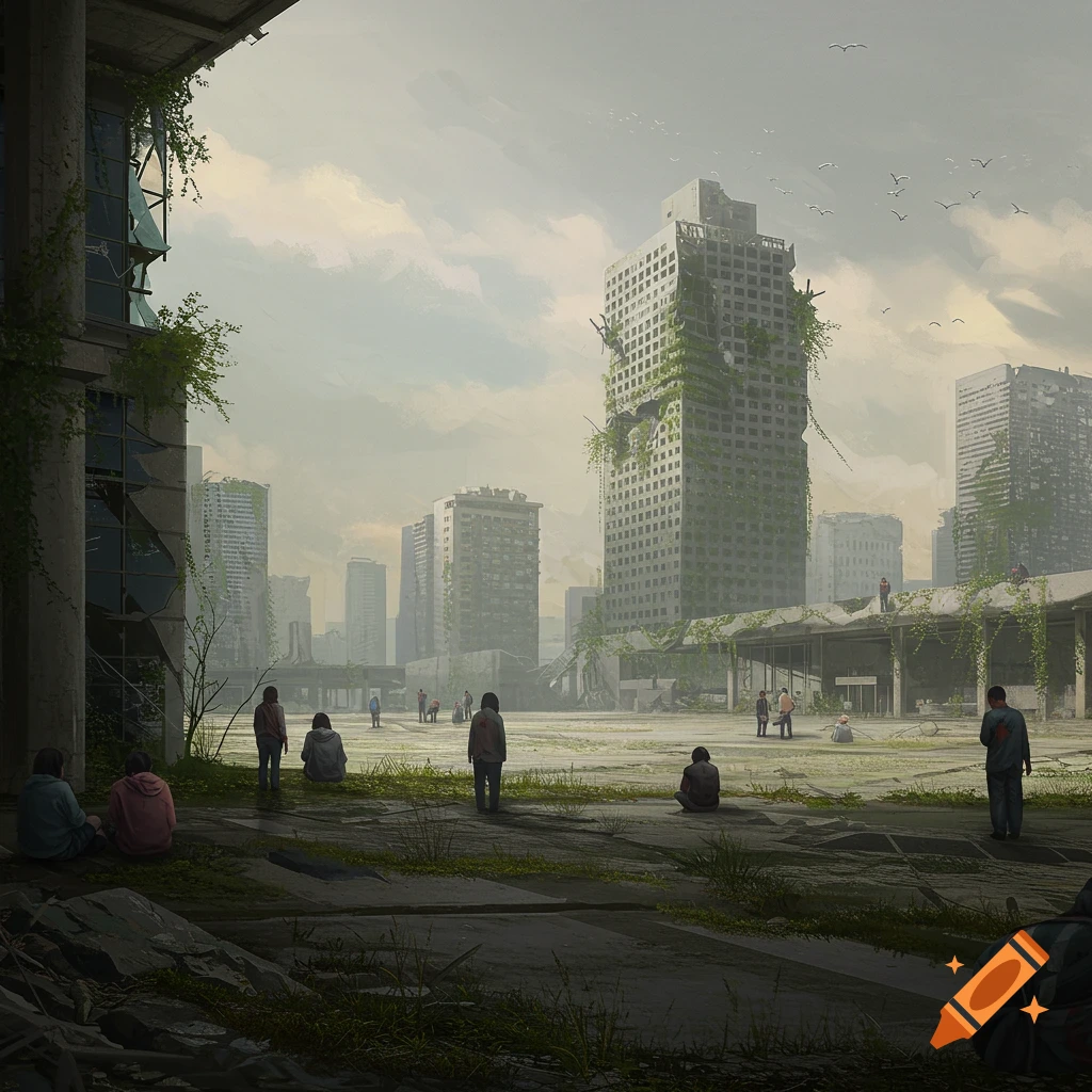 People stand and sit in a ruined city with overgrown buildings.