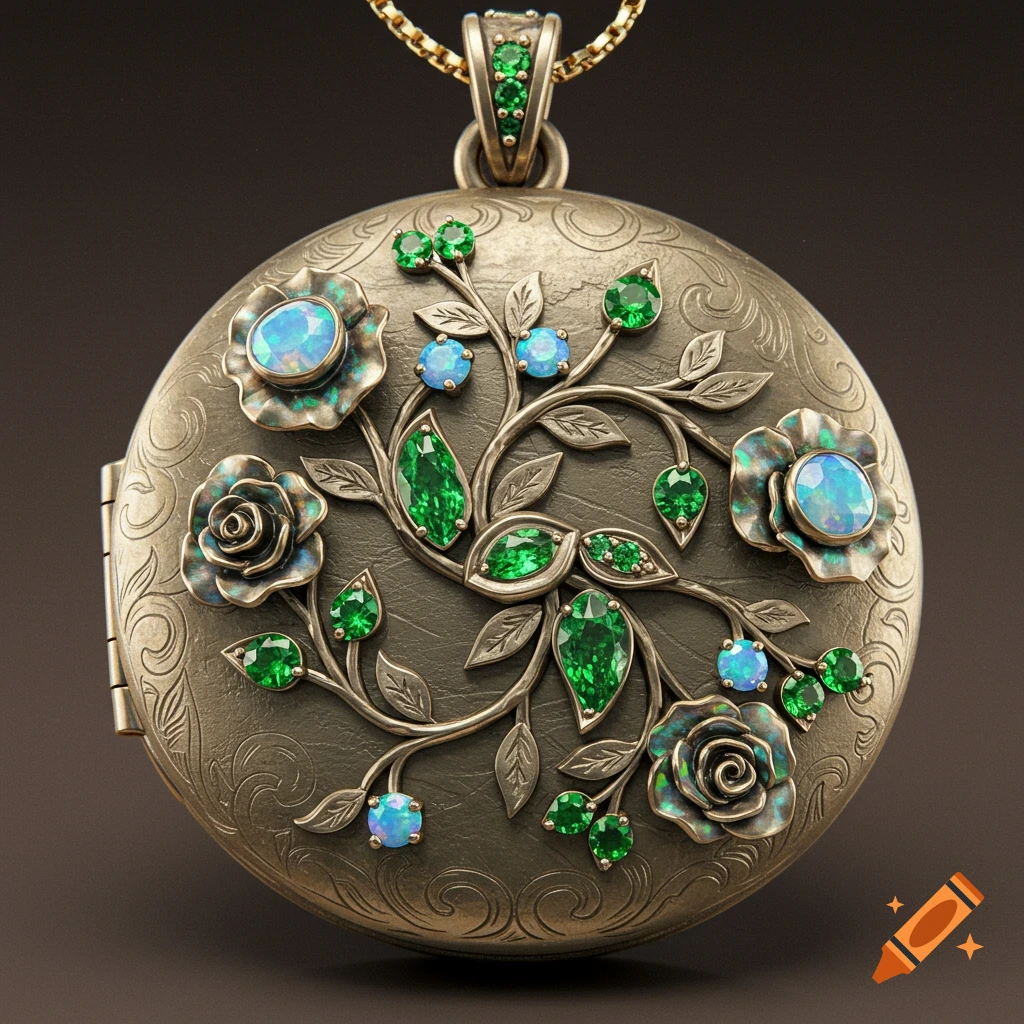 A locket engraved with vines and set with green emeralds and blue opals.
