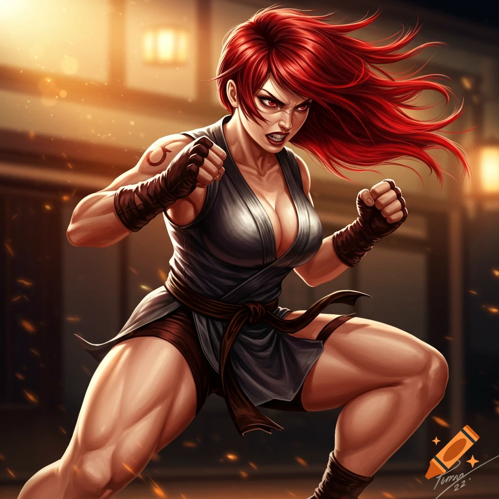 A muscular female fighter with red hair in a low stance, fists raised.