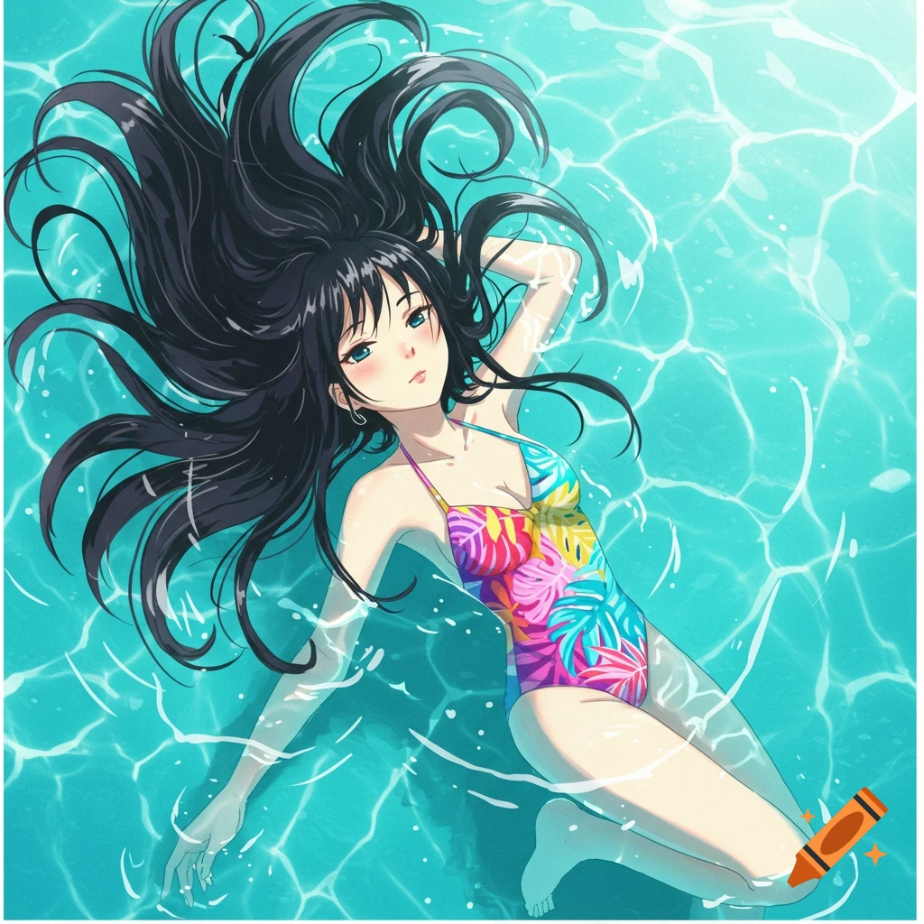 Anime girl floating on her back in a swimming pool.