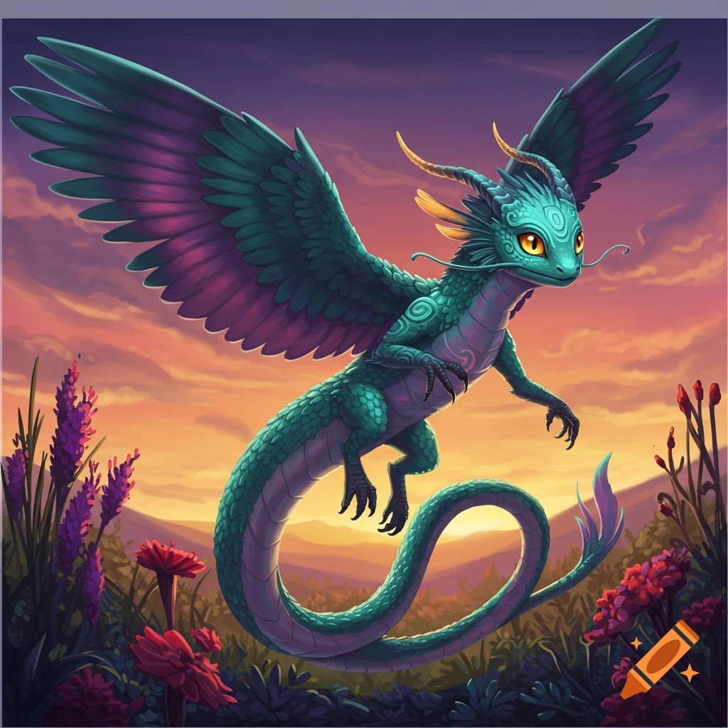 A winged teal dragon flying over flowers and mountains at sunset.