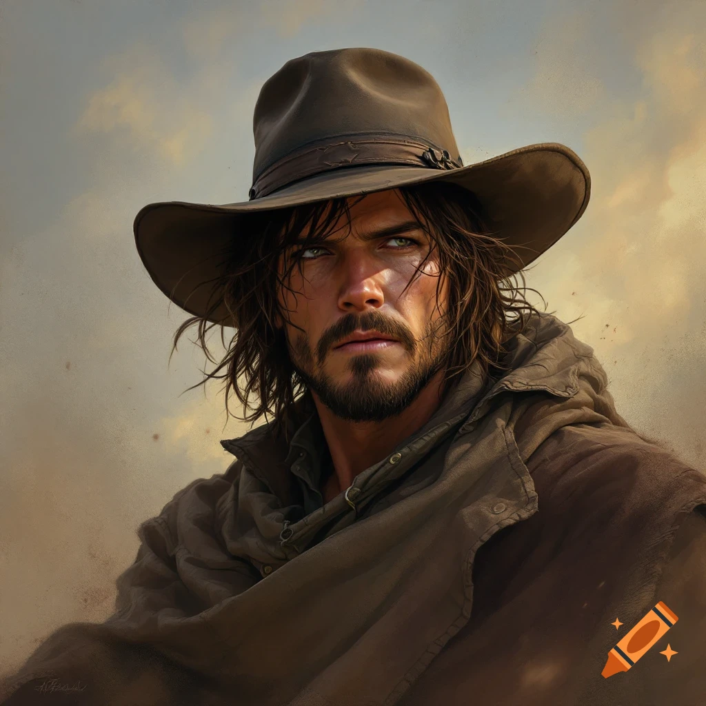Realistic portrait of a man in a cowboy hat and duster jacket.