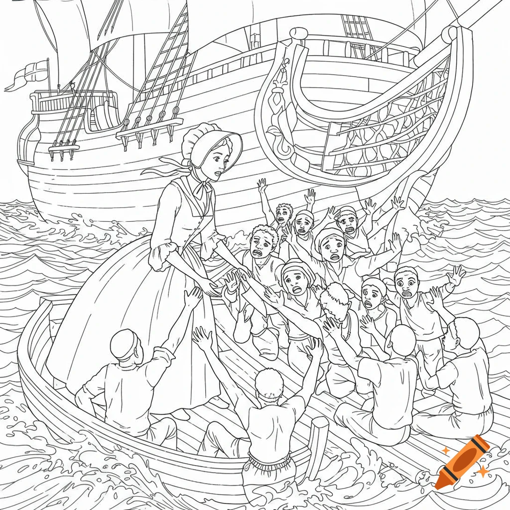 Line drawing of a woman in a bonnet reaching from a boat towards people crowded in another boat next to a large ship on wavy water.