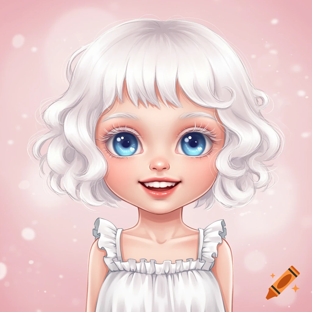 A cute cartoon girl with white curly hair and large blue eyes smiles against a pink bokeh background.