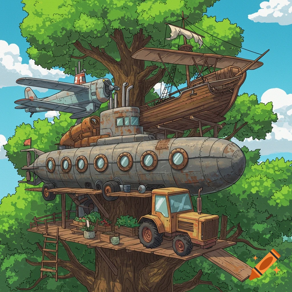 A whimsical image of a treehouse built from a submarine, airplane, pirate ship, and tractor.