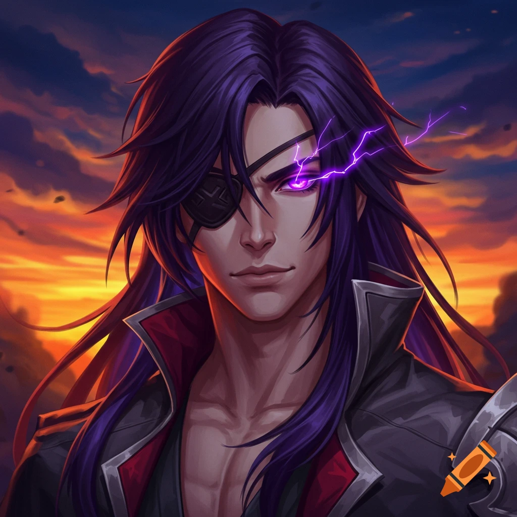 An anime man with long purple hair, an eyepatch, and purple lightning emanating from his eye, set against a sunset.
