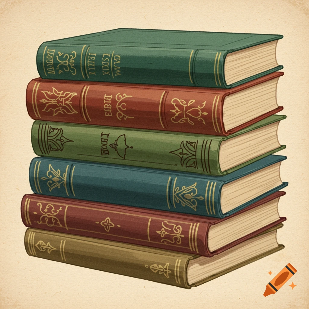 A stack of old-fashioned books with decorative spines.