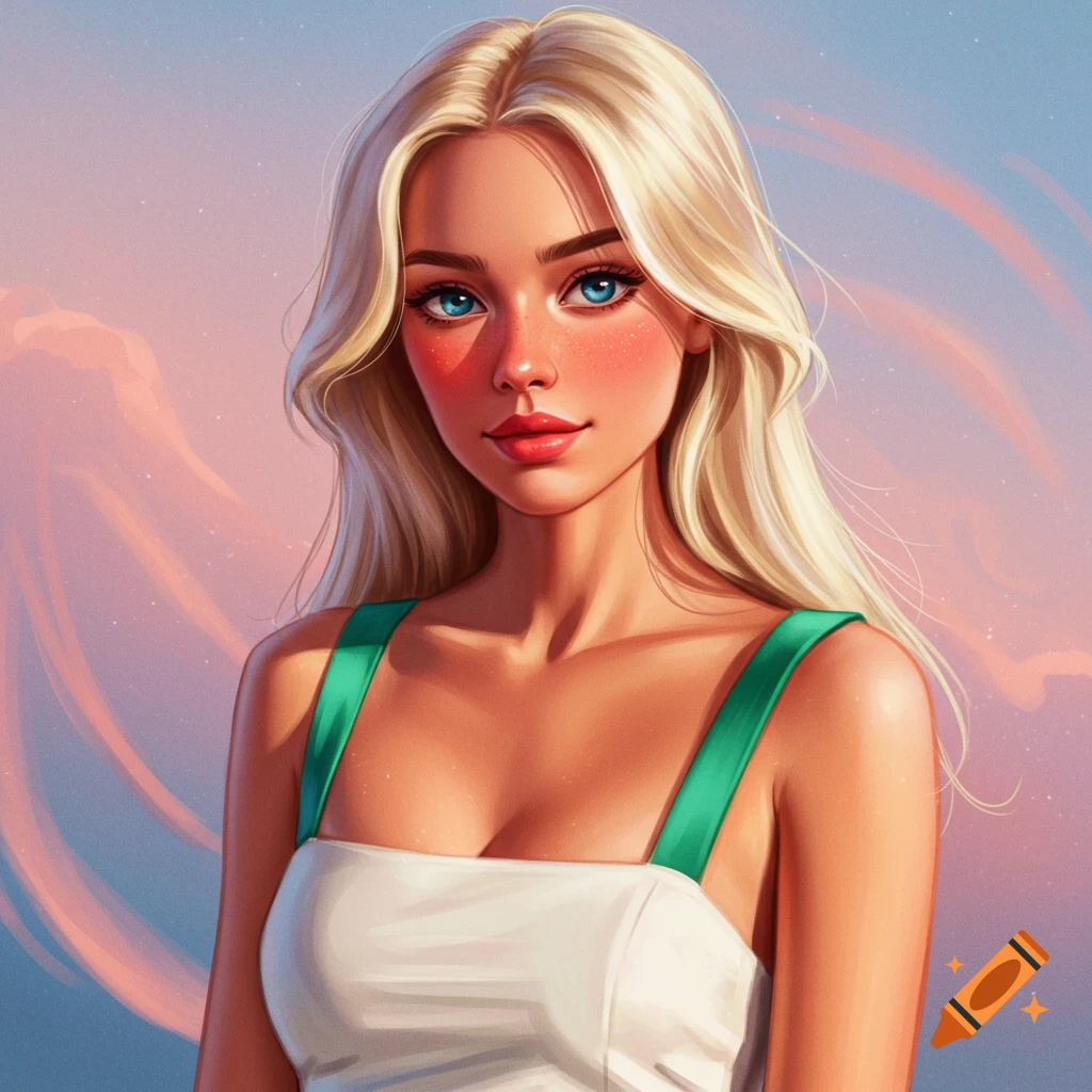 A blonde woman with blue eyes and rosy cheeks in a white dress against a pink and blue sky.