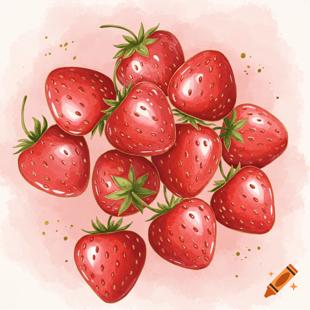 Watercolor illustration of a cluster of red strawberries on a pink background.