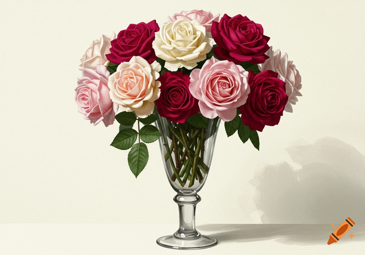 A bouquet of pink, white, and red roses in a glass vase.