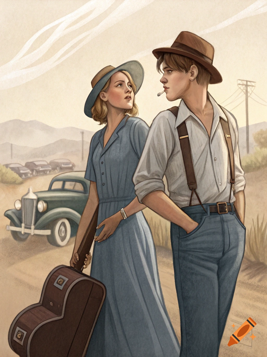 Illustration of a man and woman in 1930s clothing walking on a dirt road with a vintage car.