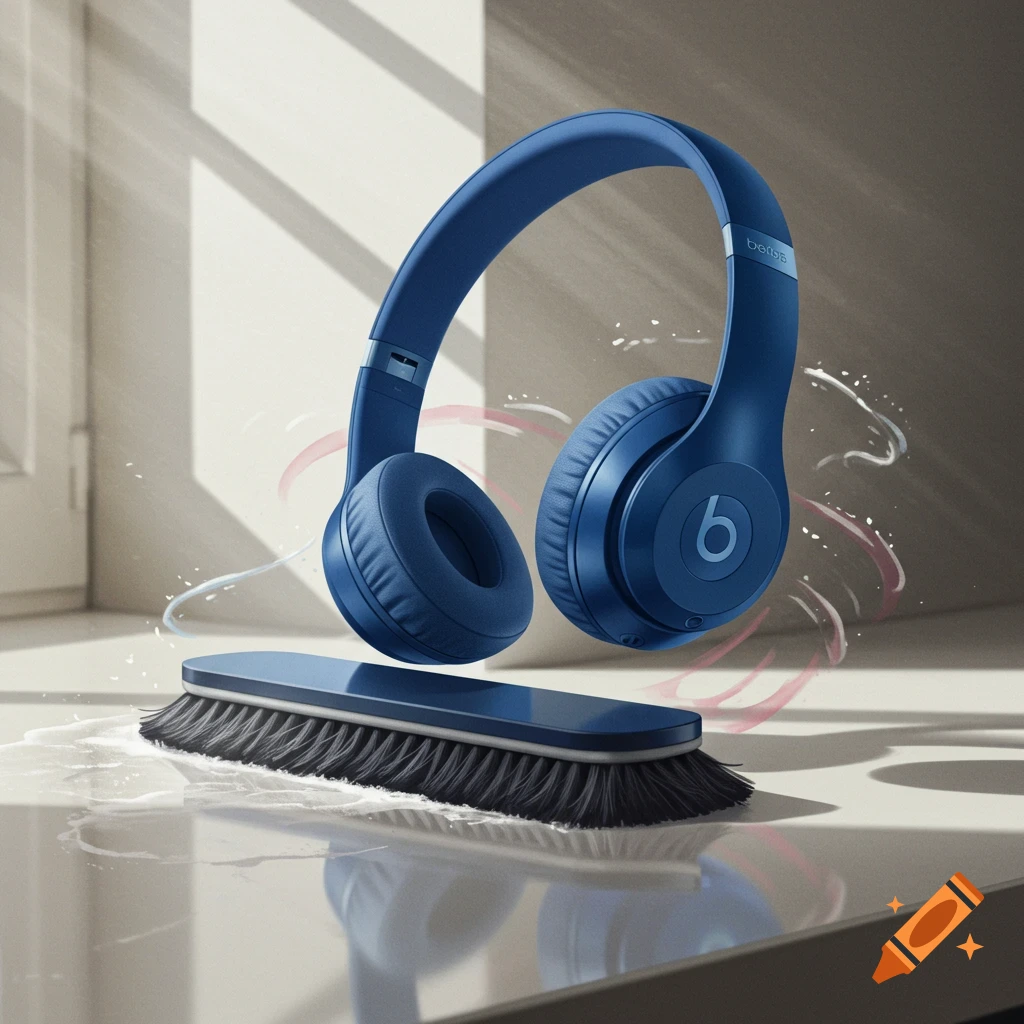 Blue Beats headphones floating over a cleaning brush with suds
