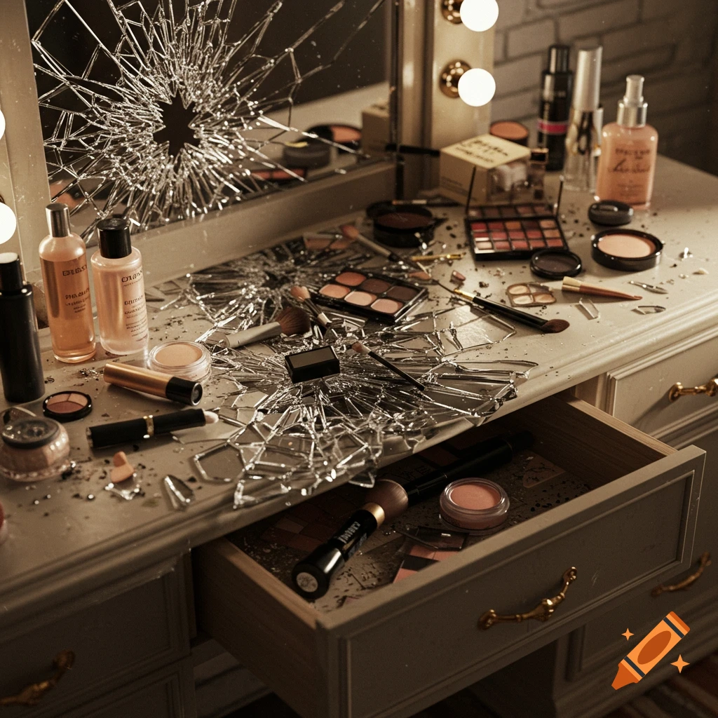 Realistic photo of a smashed vanity table with scattered makeup and glass shards.