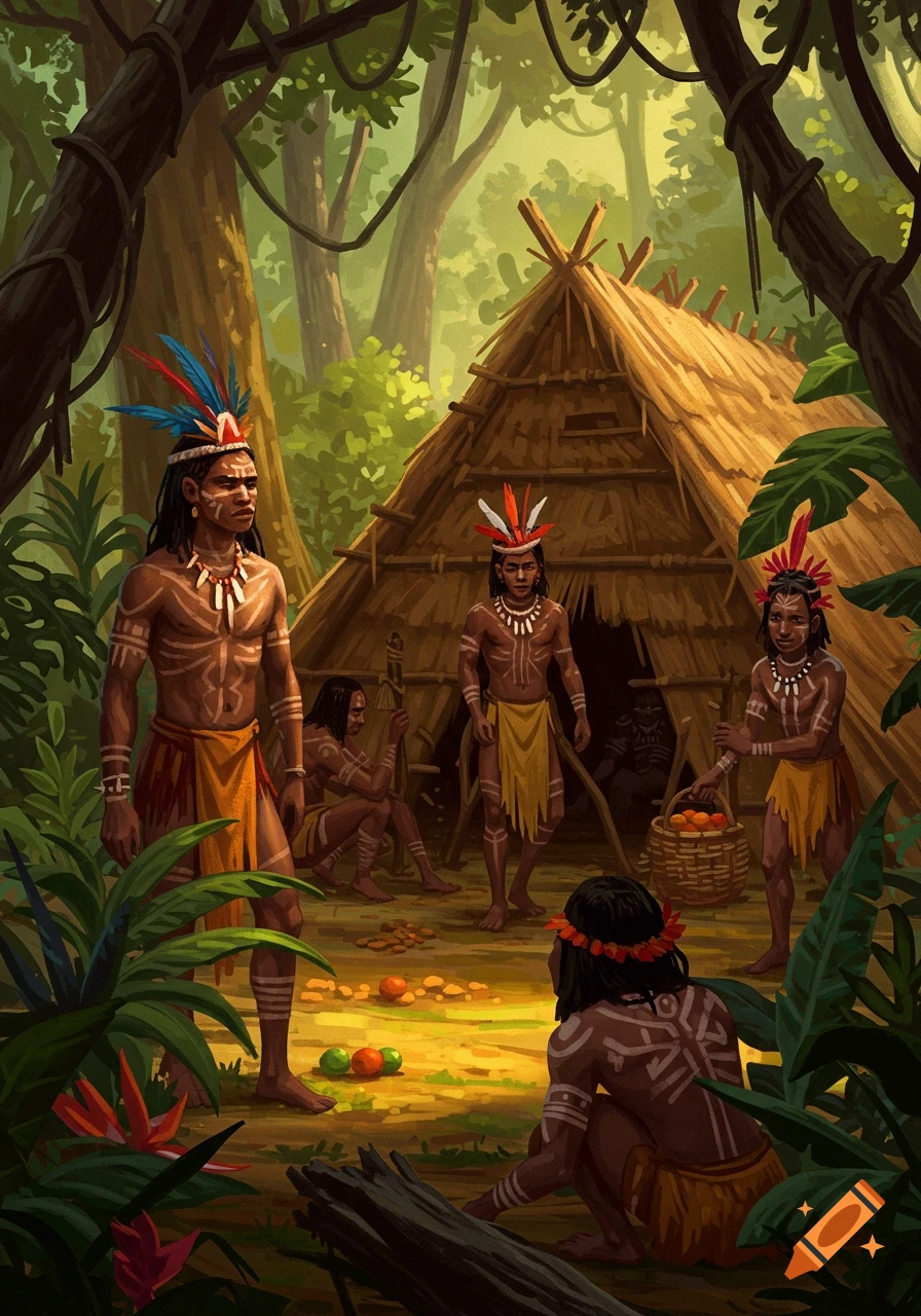 A group of indigenous people with body paint are gathered in front of a hut in a jungle.