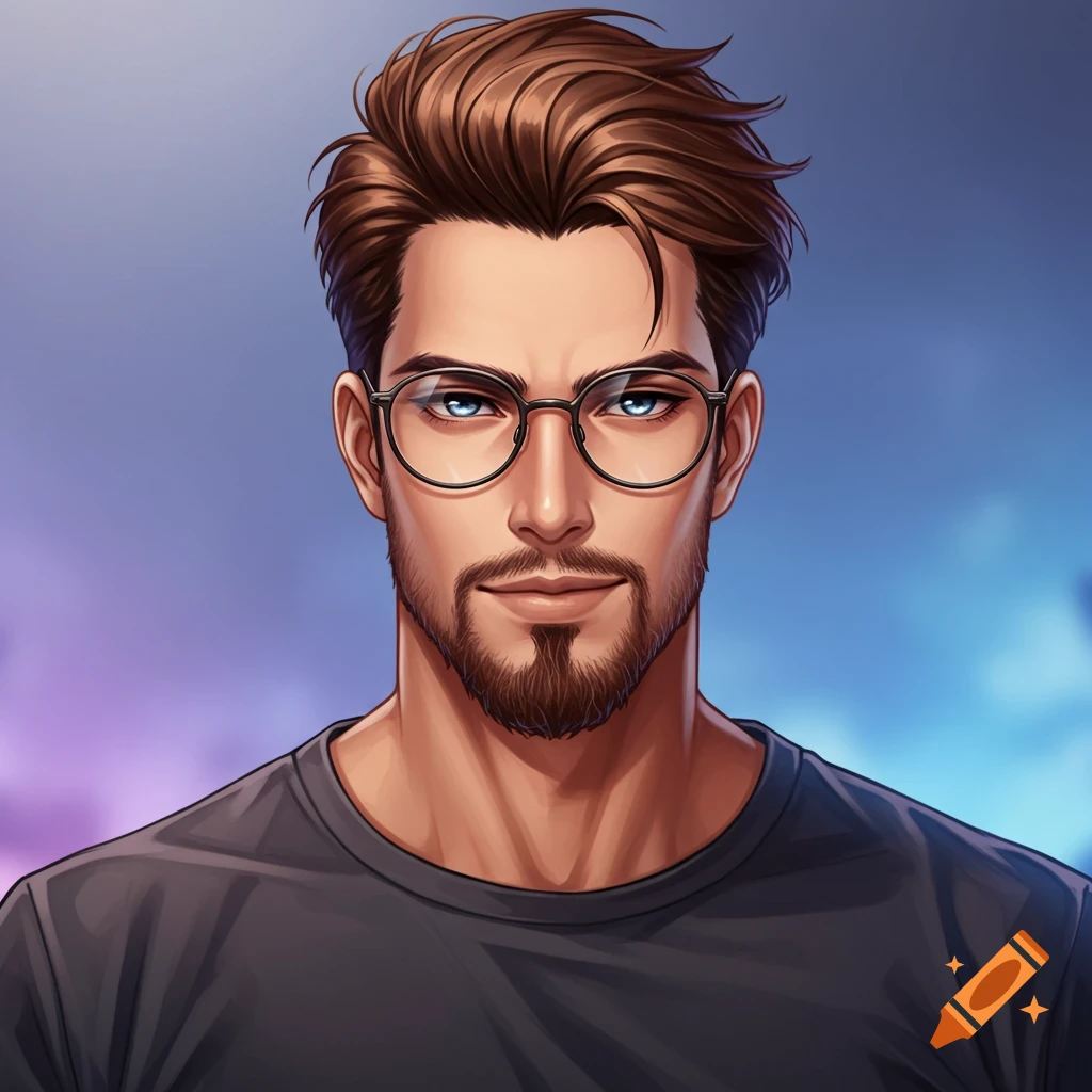 Anime portrait of a man with brown hair, beard, glasses, and blue eyes