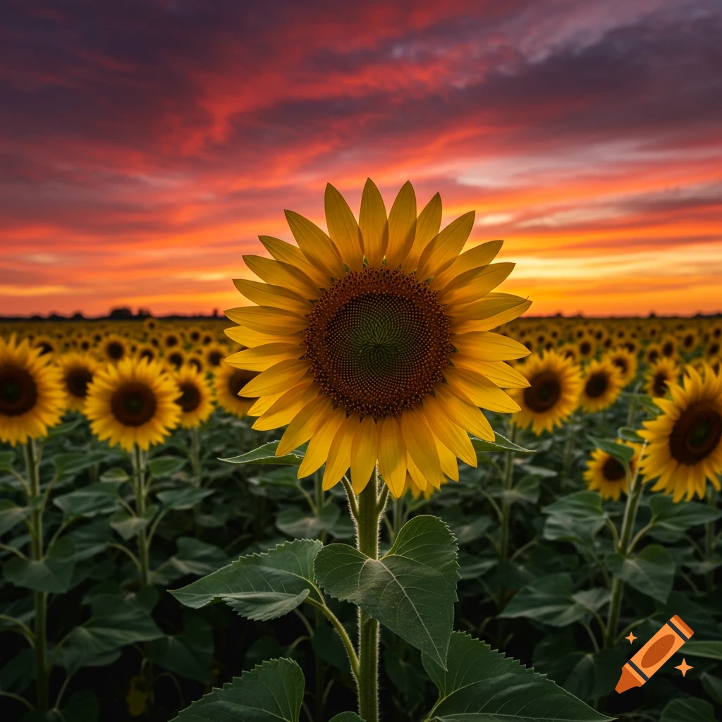 A close-up photo of a sunflower in a field at sunset