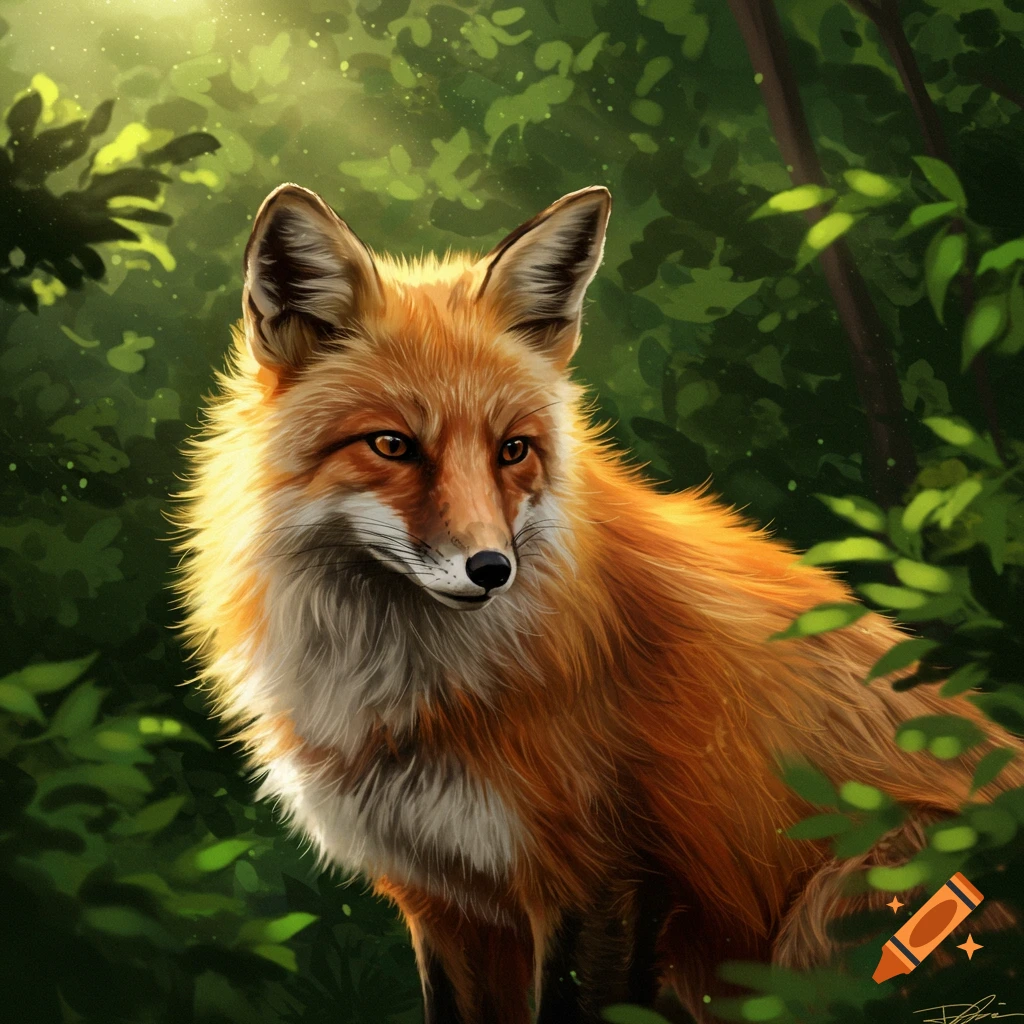 A red fox sitting in a sunlit forest