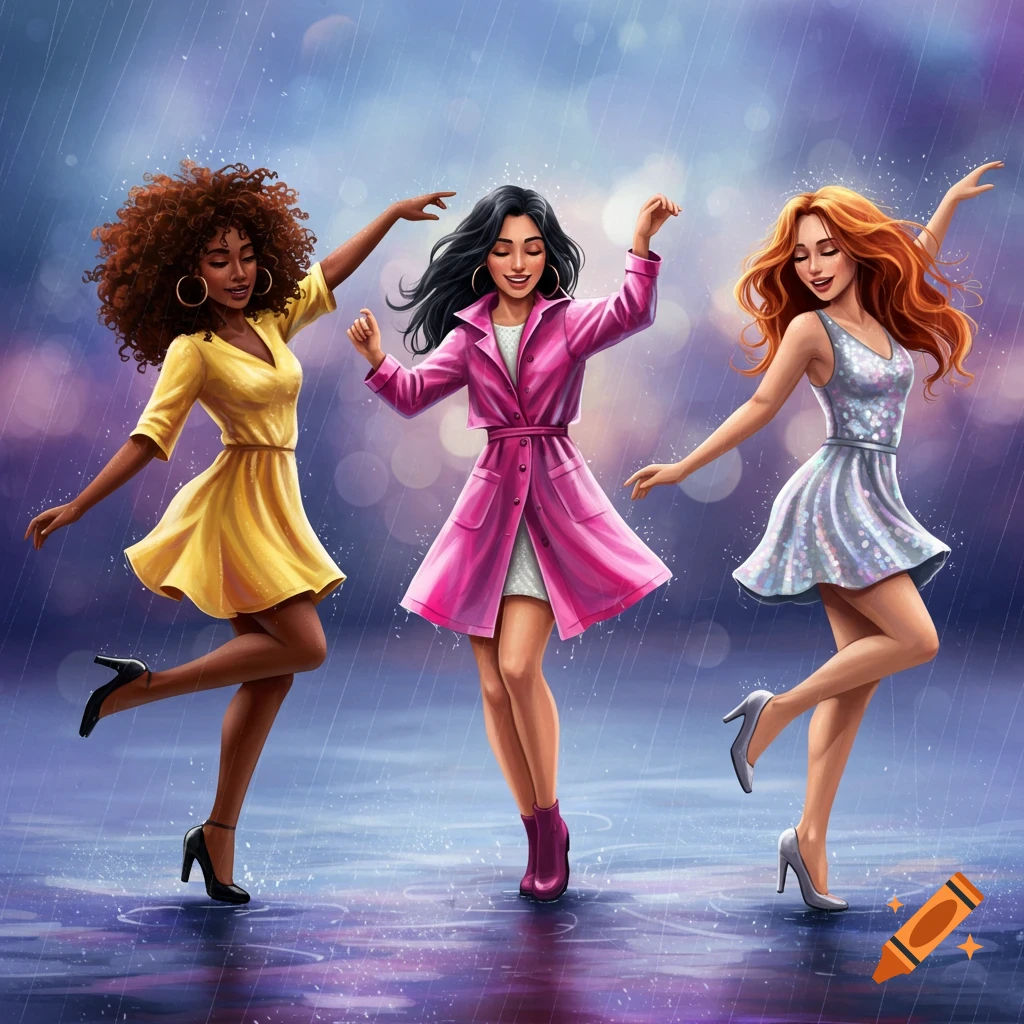 Three women dancing in the rain.