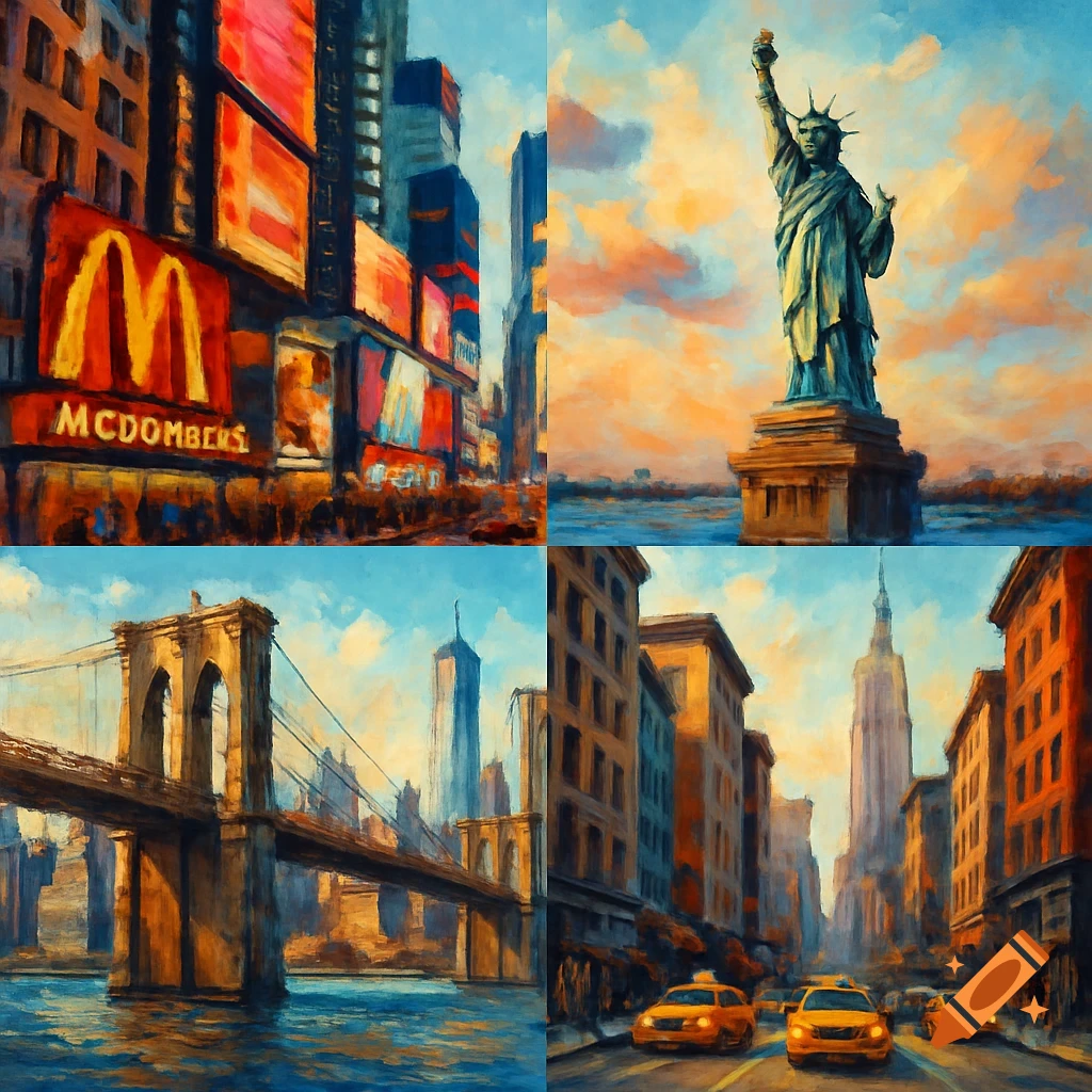 Painting collage of NYC landmarks: Times Square, Statue of Liberty, Brooklyn Bridge, and a street scene.