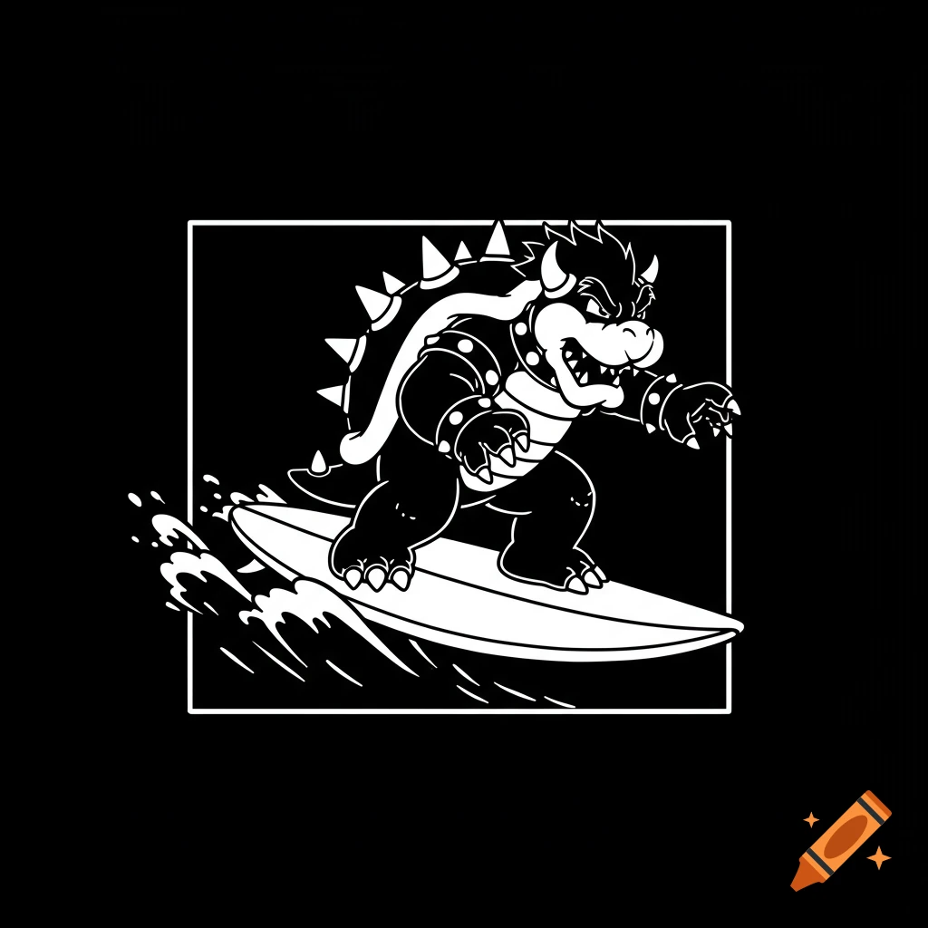 White line art of Bowser from Super Mario surfing inside a white square frame.