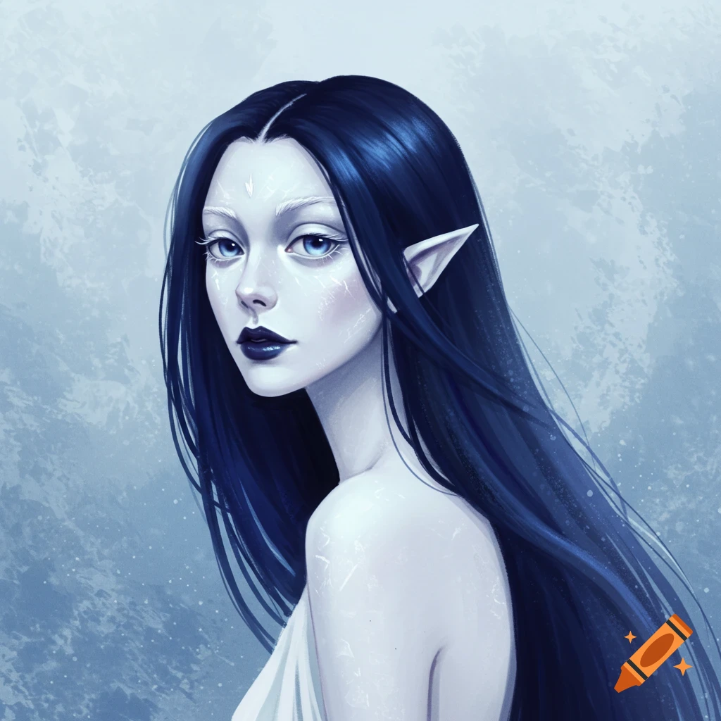 A woman with pale skin, long dark blue hair, and pointed ears