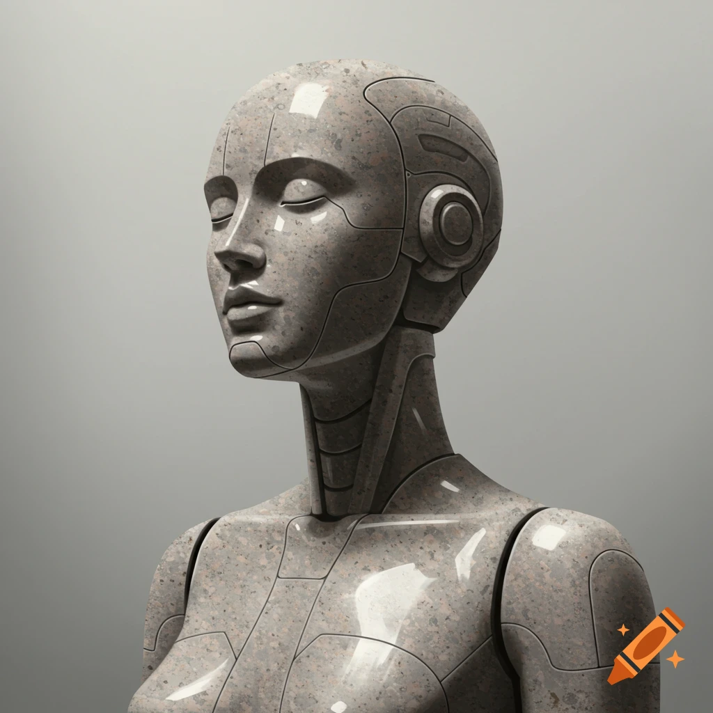 A robotic figure sculpted from granite.