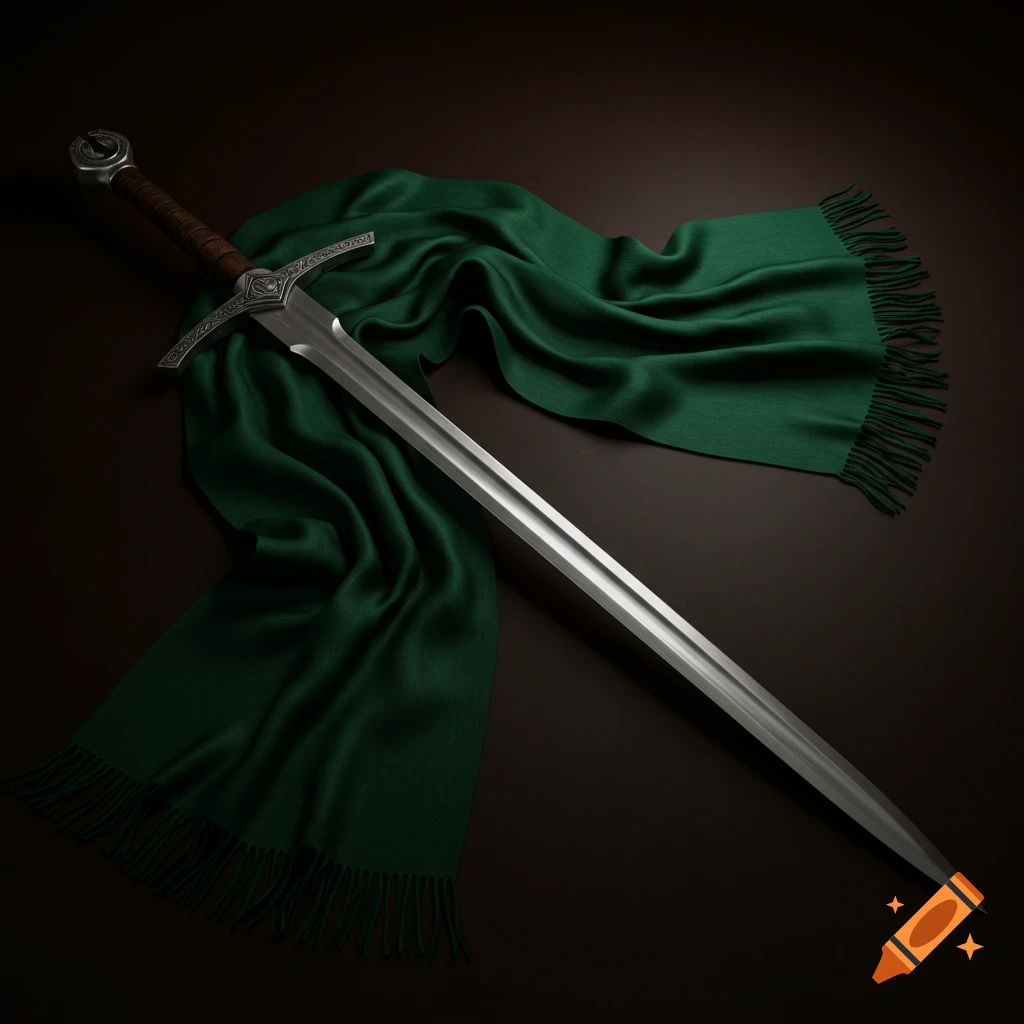 A long sword lies diagonally across a green scarf on a dark surface. Photorealistic.