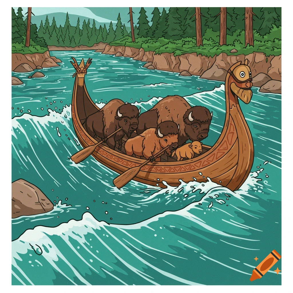 Vector illustration of several buffalo in a canoe paddling down a river through a forest.