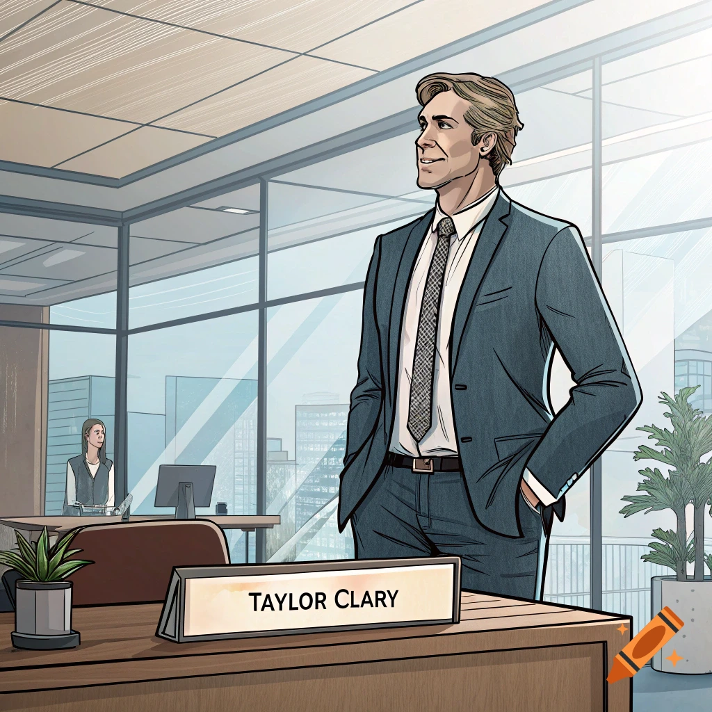 Illustration of a man in a suit standing in an office with a desk nameplate that says 'TAYLOR CLARY'. A woman works in the background.