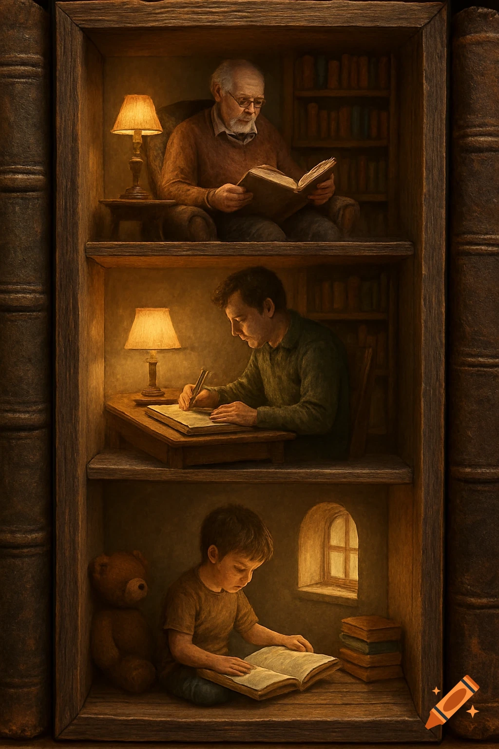 Three scenes in a tall bookshelf: an old man reading, a man writing, and a child reading with a teddy bear.
